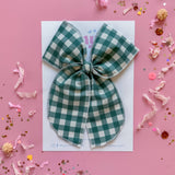 Green and White Gingham Bow - Large on Clip