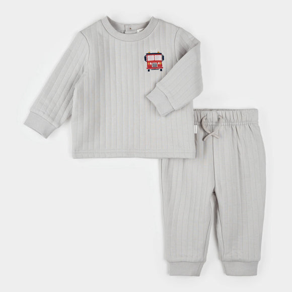 Fire Truck Print on Grey Quilted Jersey Set