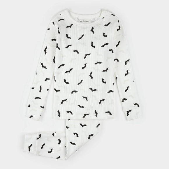 Bats Glow in the Dark Print on Off-White PJ Set - Kids