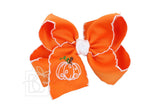Embroidered Pumpkin Crochet Edge Bow: White-Orange Crochet Edge W/ Embroidered Orange Pumpkin / 5.5" Huge - 2.25" Crochet Edge Grosgrain Ribbon