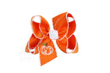 Embroidered Pumpkin Crochet Edge Bow: White-Orange Crochet Edge W/ Embroidered Orange Pumpkin / 5.5" Huge - 2.25" Crochet Edge Grosgrain Ribbon