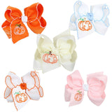 Embroidered Pumpkin Crochet Edge Bow: White-Orange Crochet Edge W/ Embroidered Orange Pumpkin / 5.5" Huge - 2.25" Crochet Edge Grosgrain Ribbon