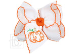 Embroidered Pumpkin Crochet Edge Bow: White-Orange Crochet Edge W/ Embroidered Orange Pumpkin / 5.5" Huge - 2.25" Crochet Edge Grosgrain Ribbon
