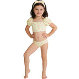 Girls Yellow Stripe Puff Sleeve Tankini w/ Headband
