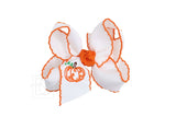 Embroidered Pumpkin Crochet Edge Bow: White-Orange Crochet Edge W/ Embroidered Orange Pumpkin / 5.5" Huge - 2.25" Crochet Edge Grosgrain Ribbon
