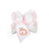 Embroidered Pumpkin Crochet Edge Bow: White-Orange Crochet Edge W/ Embroidered Orange Pumpkin / 5.5" Huge - 2.25" Crochet Edge Grosgrain Ribbon