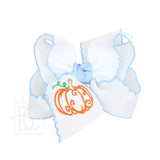 Embroidered Pumpkin Crochet Edge Bow: White-Orange Crochet Edge W/ Embroidered Orange Pumpkin / 5.5" Huge - 2.25" Crochet Edge Grosgrain Ribbon