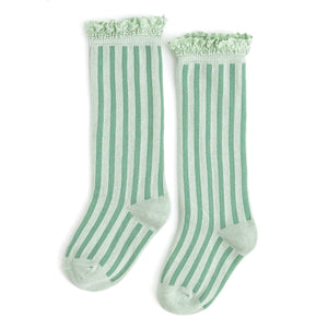 Mint Striped Scalloped Knee High Socks