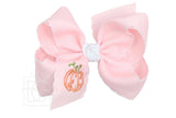 Embroidered Pumpkin Crochet Edge Bow: White-Orange Crochet Edge W/ Embroidered Orange Pumpkin / 5.5" Huge - 2.25" Crochet Edge Grosgrain Ribbon