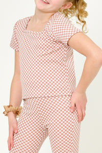 Girls Square Neck Checkered Knit Top - Mauve