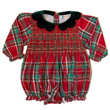 Girls Christmas Plaid Smocked Pearl Bubble