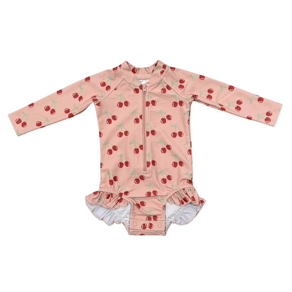 One Piece Ruffle Rash Guard Swimsuit - Cherries, Baby Girl – Hooray ...