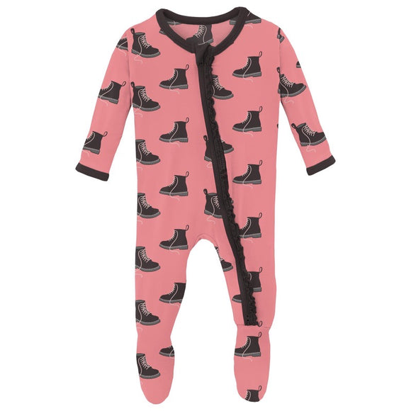 Print Muffin Ruffle Footie with 2 Way Zipper - Strawberry Boots