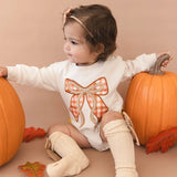 Cinnamon Plaid Bow Patch Long Sleeve Romper