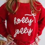 Holly Jolly Bow Christmas Knit Sweater - Girls