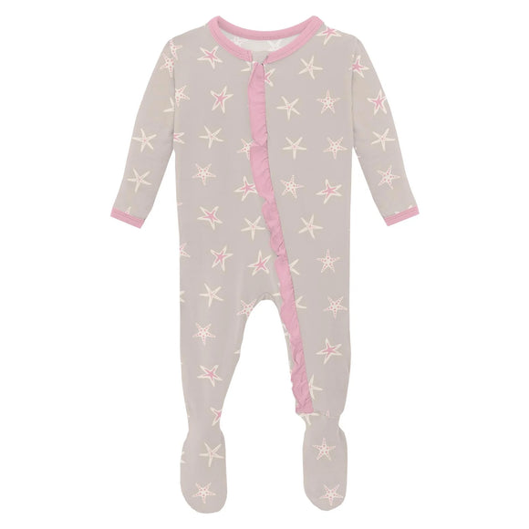 Print Classic Ruffle Footie with 2 Way Zipper - Latte Starfish