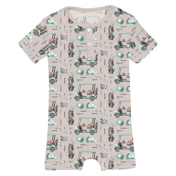 Print Short Sleeve Henley Romper - Latte Golf