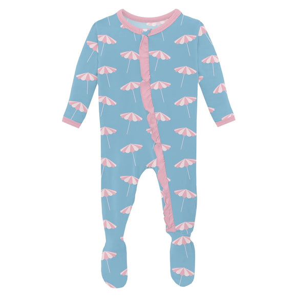 Print Classic Ruffle Footie with 2 Way Zipper - Seaside Blue Beach Umbrellas