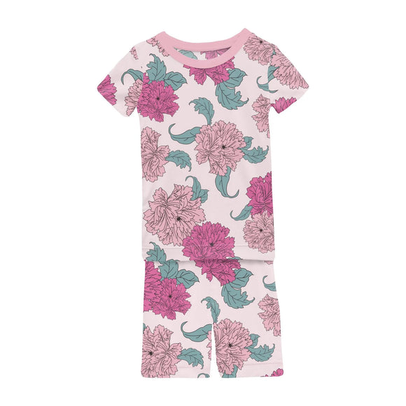 Print Short Sleeve Pajama Set with Shorts - Shrinking Violet Peonies