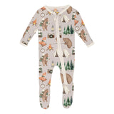 Print Footie with 2 Way Zipper - Latte Camping Animals