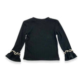 Pearl Trim Bell Sleeve Top - Black