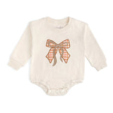 Cinnamon Plaid Bow Patch Long Sleeve Romper