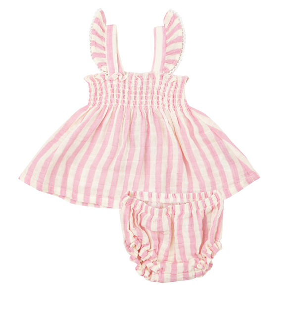 Ruffle Strap Smocked Top And Diaper Cover - Pink Stripe