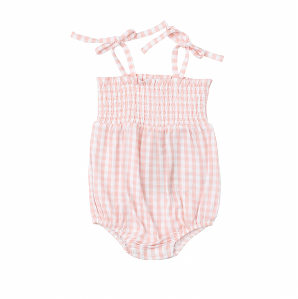 Tie Strap Smocked Bubble - Mini Gingham Pink