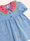 Watermelon Denim Puff Dress