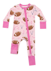 2 Way Zipper Romper - Pink Footballs