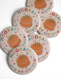 Hooray It's My Birthday Vintage Cake Button Pin Badge