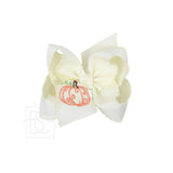 Embroidered Pumpkin Crochet Edge Bow: White-Orange Crochet Edge W/ Embroidered Orange Pumpkin / 5.5" Huge - 2.25" Crochet Edge Grosgrain Ribbon