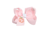 Embroidered Pumpkin Crochet Edge Bow: White-Orange Crochet Edge W/ Embroidered Orange Pumpkin / 5.5" Huge - 2.25" Crochet Edge Grosgrain Ribbon