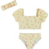 Girls Yellow Stripe Puff Sleeve Tankini w/ Headband