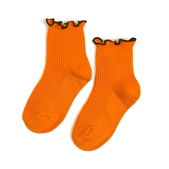 Ribbed Lettuce Trim Midi Socks - Orange/Black