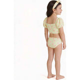 Girls Yellow Stripe Puff Sleeve Tankini w/ Headband