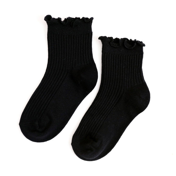 Ribbed Lettuce Trim Midi Socks - Black