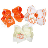 Embroidered Pumpkin Crochet Edge Bow: White-Orange Crochet Edge W/ Embroidered Orange Pumpkin / 5.5" Huge - 2.25" Crochet Edge Grosgrain Ribbon