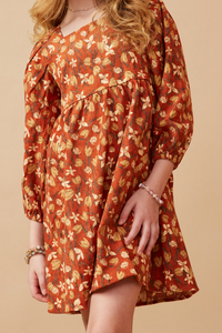 Rust Floral 3/4 Sleeve Dress