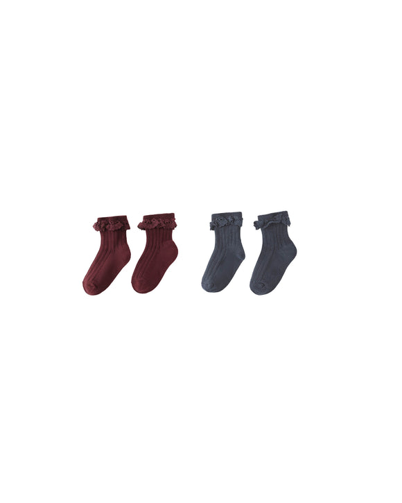 Lace Trim Socks, 2-Pack - Burgundy & Navy