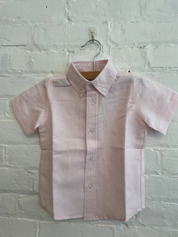 Boys Linen Short-sleeve Button Down - Pink